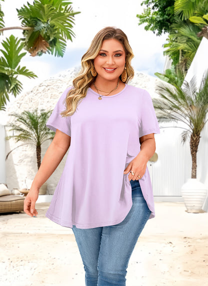 Tunic Tops for Women Plus Size Short Sleeve Crew Neck Swing Flare Loose T-Shirt Blouses to Wear with Leggings  B3 SATXP