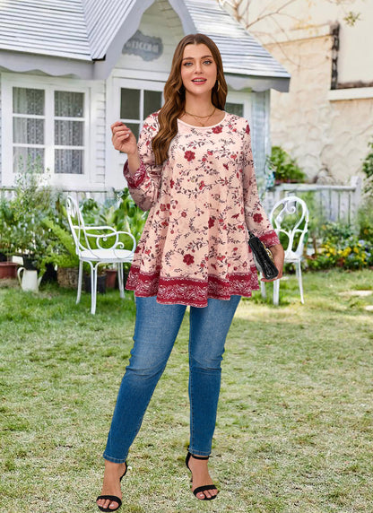 Womens Tunic 3/4 Sleeve Plus Size Tops Crew Neck Swing Flowy Loose Fit T-Shirt Blouses to Wear with Leggings Red Floral Pink Tunic