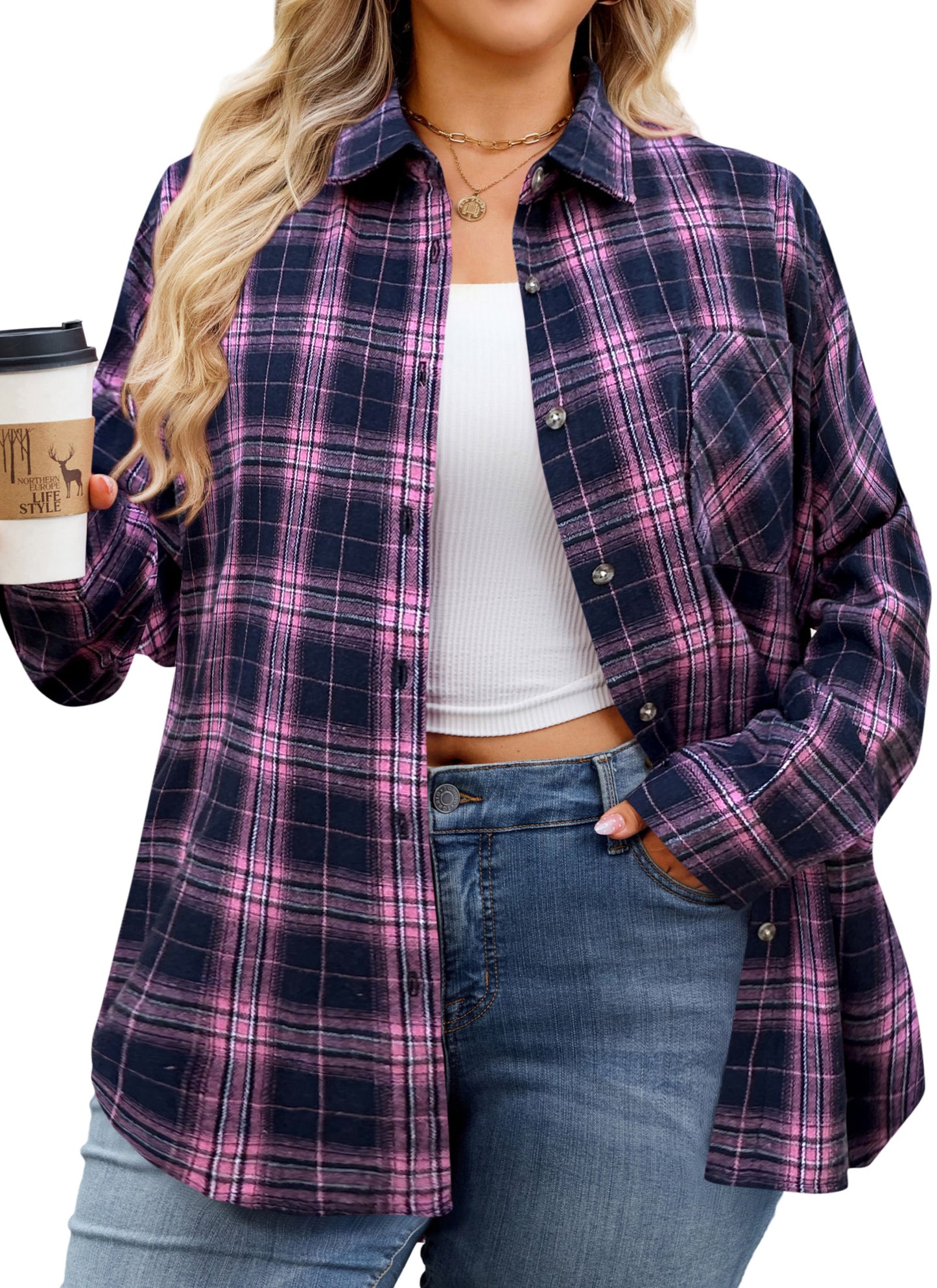 Womens Plus Size Flannel Shirts Long Sleeve Button Down Plaid Shirt Roll Up Oversize Checkered Blouse Top Fall  A-02 Pink Navy Blue Plaid Shirt