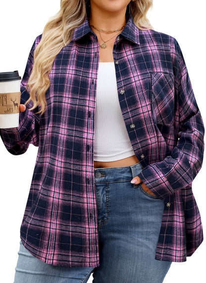 Womens Plus Size Flannel Shirts Long Sleeve Button Down Plaid Shirt Roll Up Oversize Checkered Blouse Top Fall  A-02 Pink Navy Blue Plaid Shirt