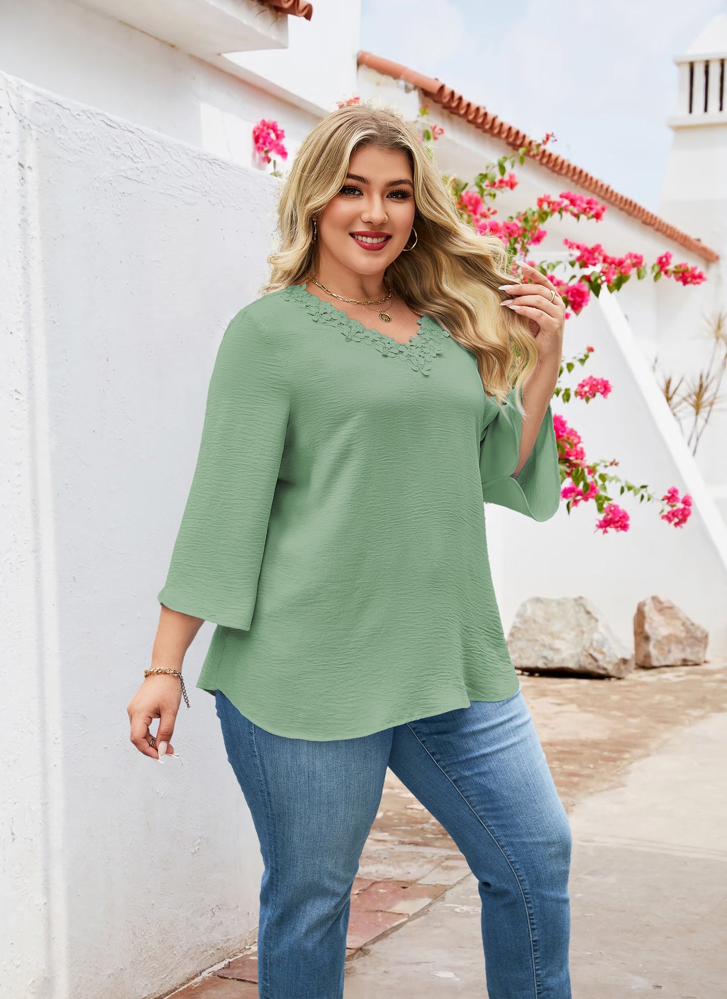 Womens Plus Size Blouses Dressy Casual 3/4 Sleeve Elegant V Neck Floral Trim Ladies Tunics Tops Sage Green