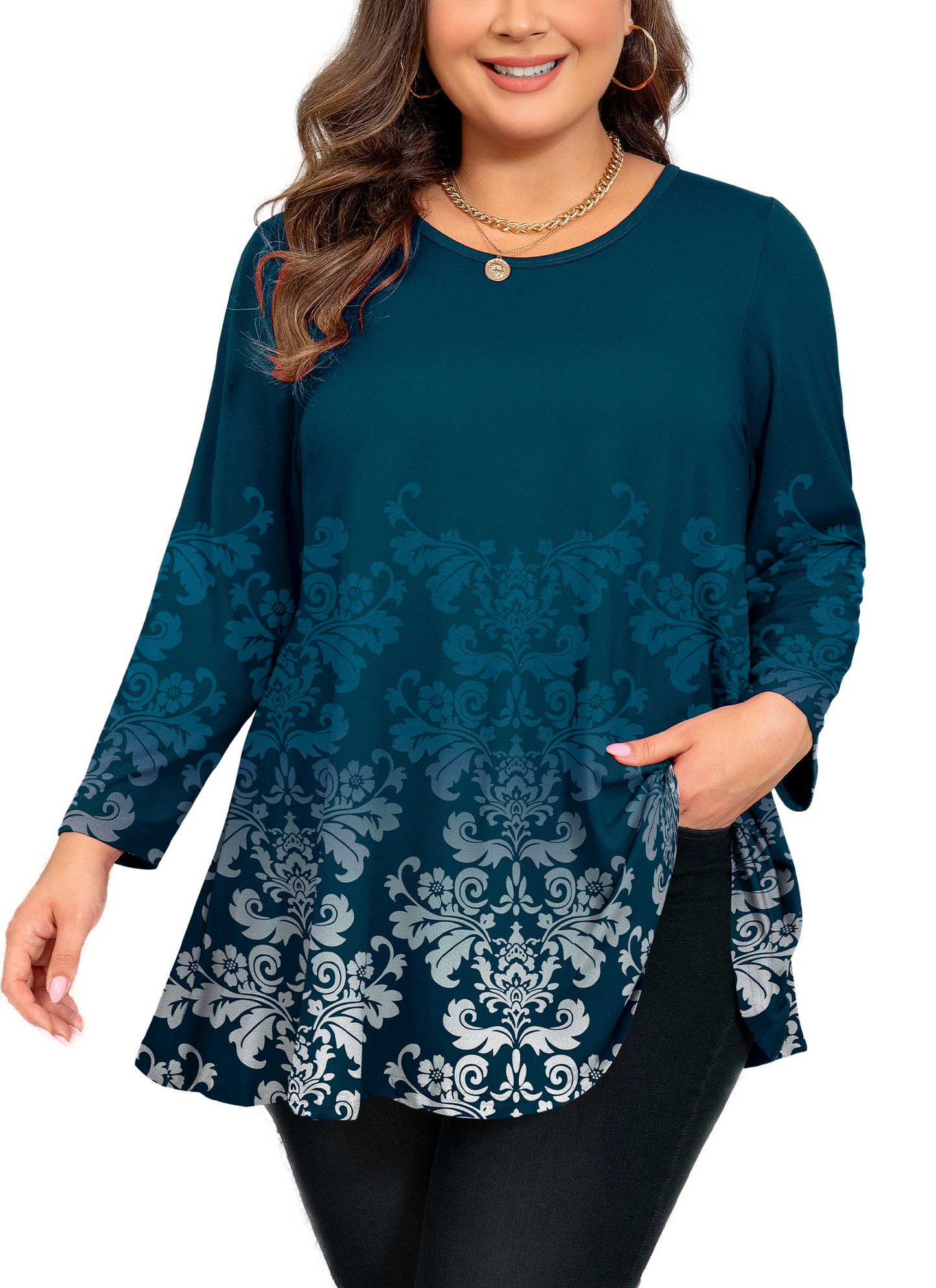 Womens Tunic Tops 3/4 Sleeve Plus Size Crew Neck Swing Flare Loose Fit T-Shirt Blouses to Wear with Leggings Teals Tunic Tops