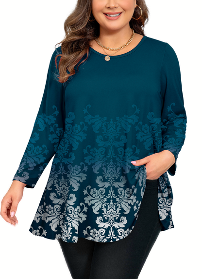 Womens Tunic Tops 3/4 Sleeve Plus Size Crew Neck Swing Flare Loose Fit T-Shirt Blouses to Wear with Leggings Teals Tunic Tops