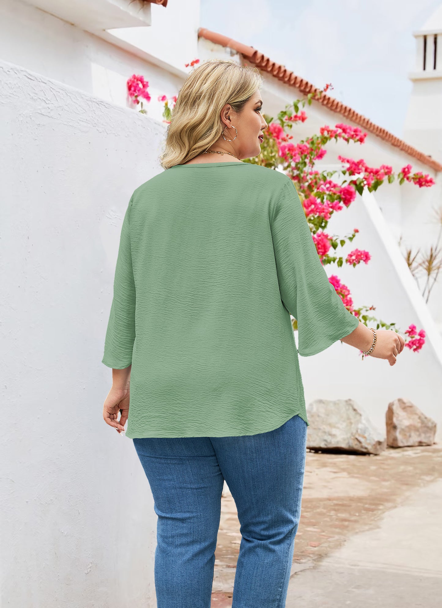 Womens Plus Size Blouses Dressy Casual 3/4 Sleeve Elegant V Neck Floral Trim Ladies Tunics Tops Sage Green