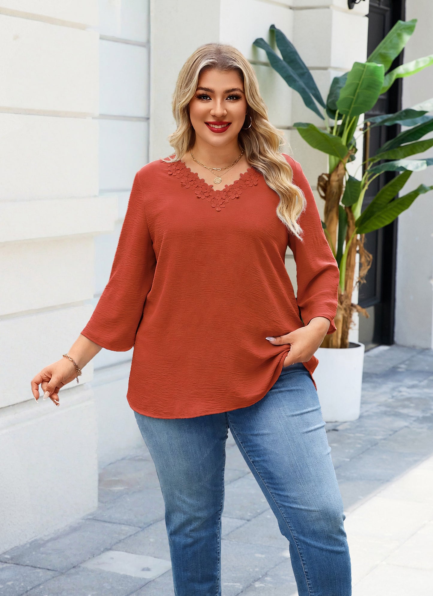 Womens Plus Size Blouses Dressy Casual 3/4 Sleeve Elegant V Neck Floral Trim Ladies Tunics Tops Burnt Orange
