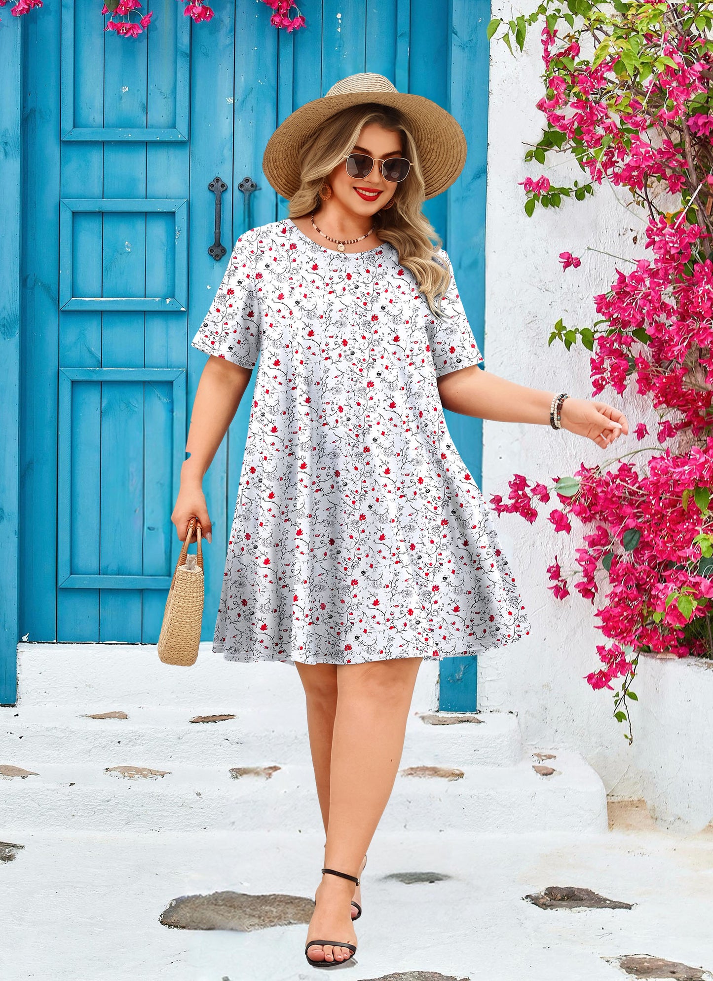 Women's Casual T-Shirt Dress Plus Size Summer Short Sleeve Crewneck Swing Dresses Beach Vacation White Dress