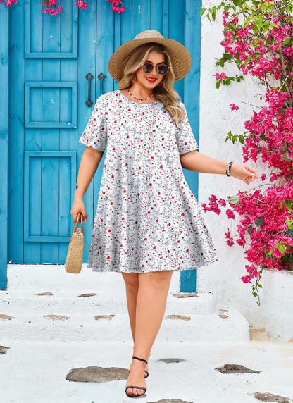 Women's Casual T-Shirt Dress Plus Size Summer Short Sleeve Crewneck Swing Dresses Beach Vacation White Dress