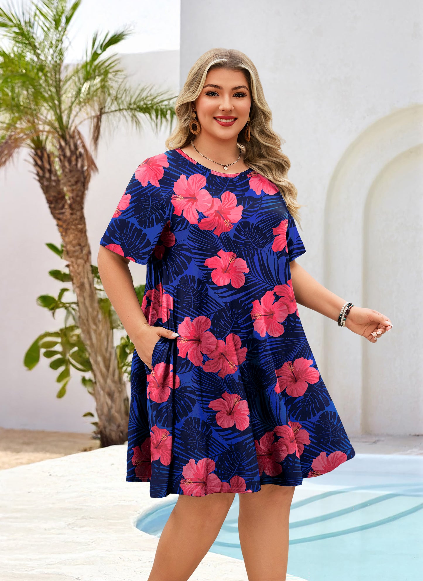 Women's Casual T-Shirt Dress Plus Size Summer Short Sleeve Crewneck Swing Dresses Beach Vacation Royal Blue Floral Dress