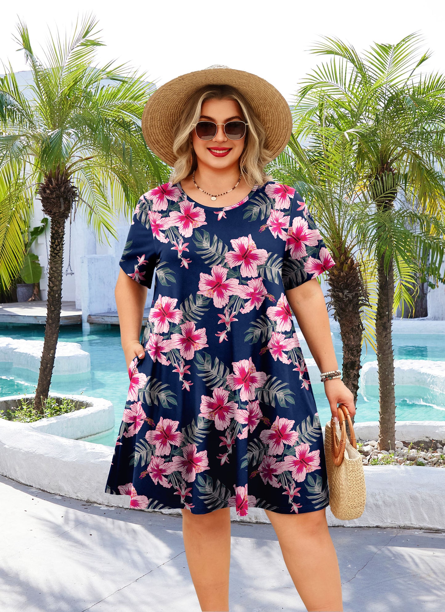 Women's Casual T-Shirt Dress Plus Size Summer Short Sleeve Crewneck Swing Dresses Beach Vacation Navy Blue Pink Floral Dress