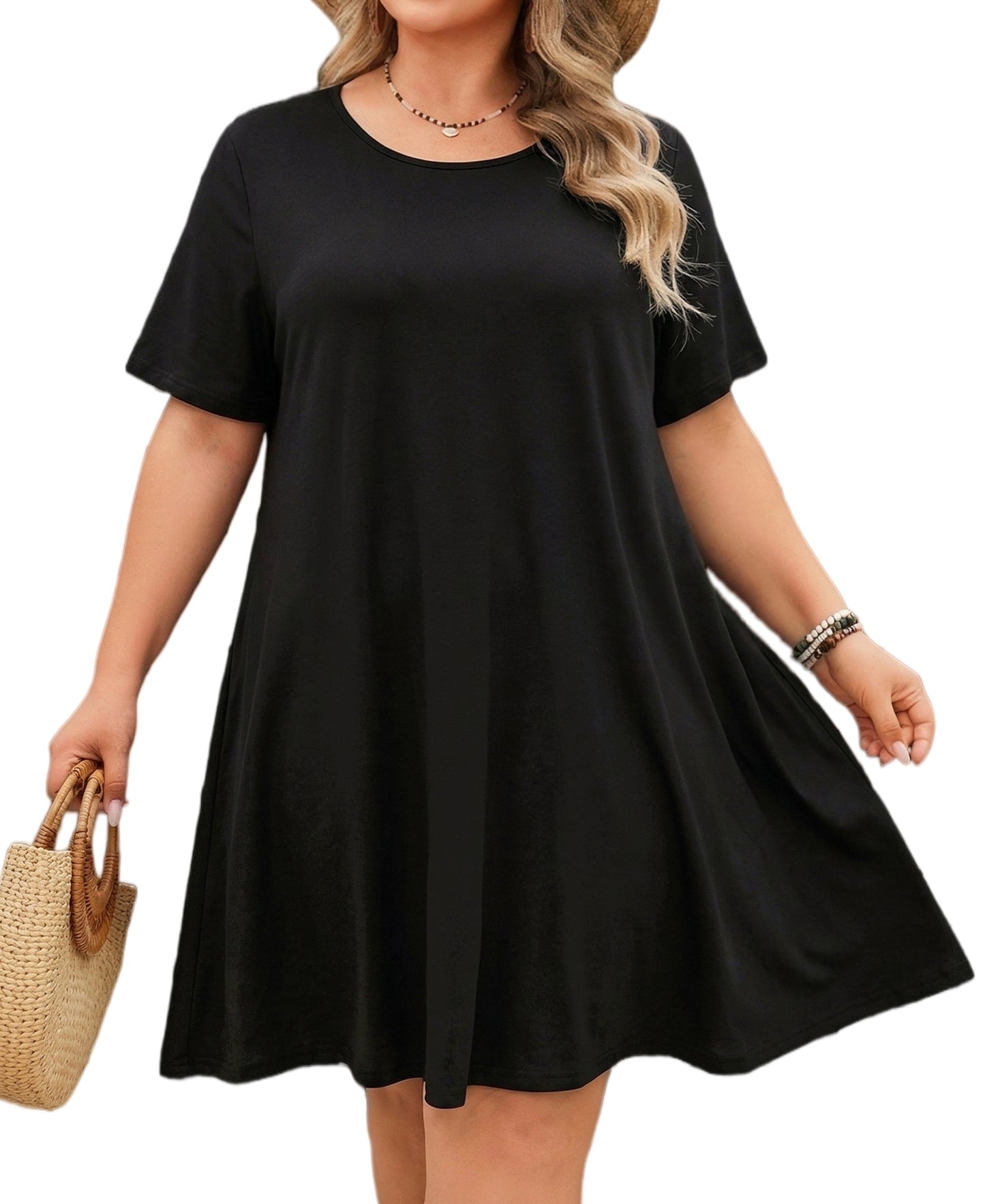 Women's Casual T-Shirt Dress Plus Size Summer Short Sleeve Crewneck Swing Dresses Beach Vacation Black Dresses