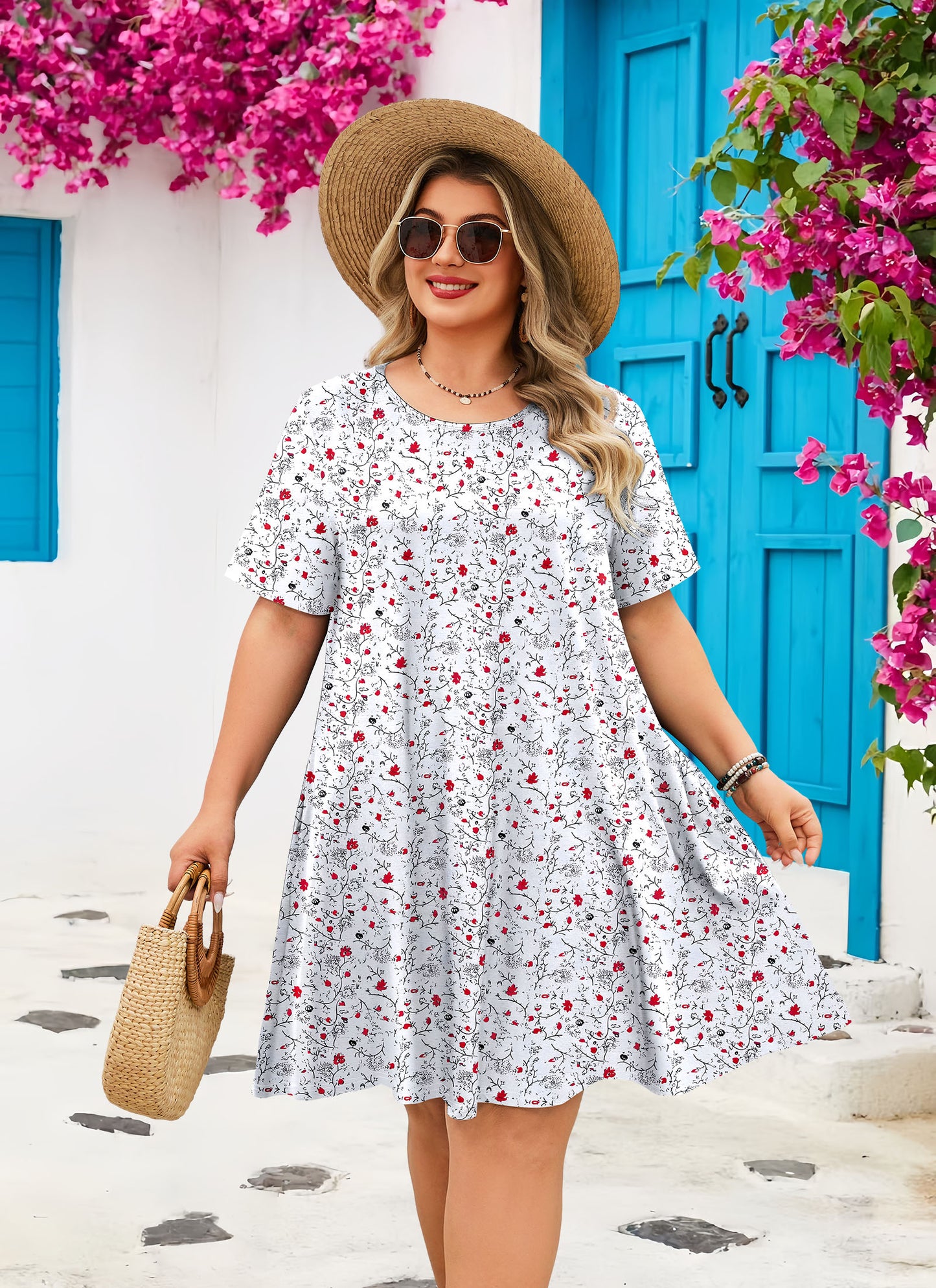 Women's Casual T-Shirt Dress Plus Size Summer Short Sleeve Crewneck Swing Dresses Beach Vacation White Dress