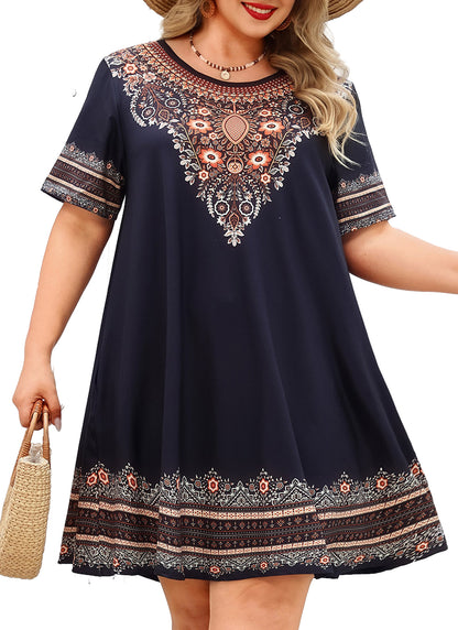 Women's Casual T-Shirt Dress Plus Size Summer Short Sleeve Crewneck Swing Dresses Beach Vacation Black Dress Floral