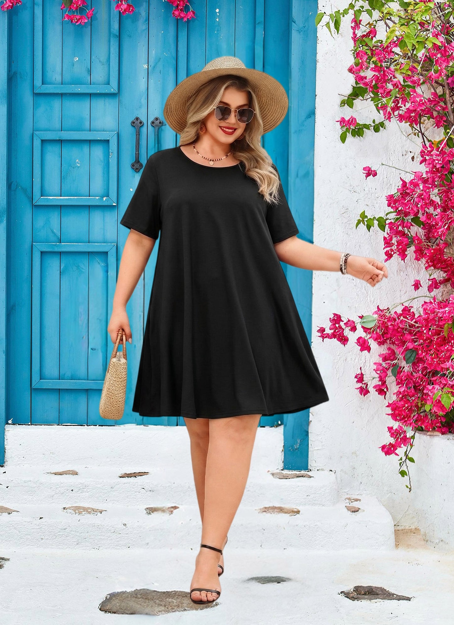 Women's Casual T-Shirt Dress Plus Size Summer Short Sleeve Crewneck Swing Dresses Beach Vacation Black Dresses