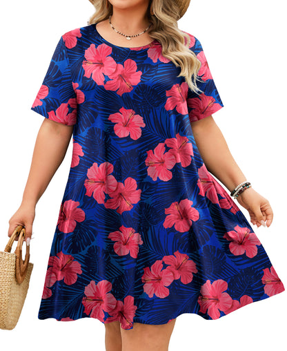Women's Casual T-Shirt Dress Plus Size Summer Short Sleeve Crewneck Swing Dresses Beach Vacation Royal Blue Floral Dress