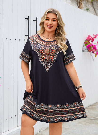 Women's Casual T-Shirt Dress Plus Size Summer Short Sleeve Crewneck Swing Dresses Beach Vacation Black Dress Floral