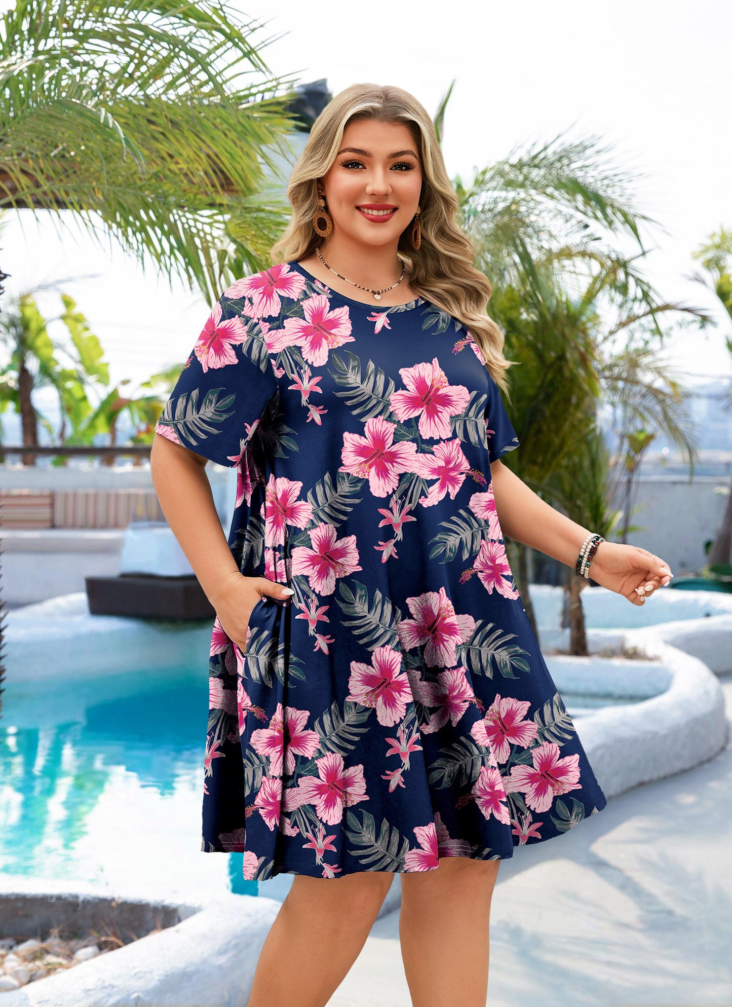 Women's Casual T-Shirt Dress Plus Size Summer Short Sleeve Crewneck Swing Dresses Beach Vacation Navy Blue Pink Floral Dress