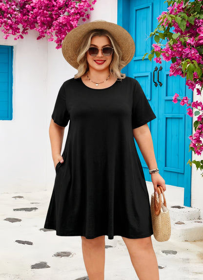 Women's Casual T-Shirt Dress Plus Size Summer Short Sleeve Crewneck Swing Dresses Beach Vacation Black Dresses