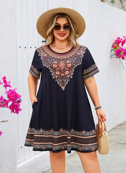 Women's Casual T-Shirt Dress Plus Size Summer Short Sleeve Crewneck Swing Dresses Beach Vacation Black Dress Floral