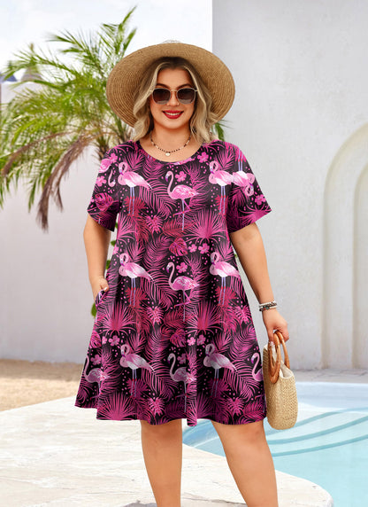 Women's Casual T-Shirt Dress Plus Size Summer Short Sleeve Crewneck Swing Dresses Beach Vacation Hot Pink Dress