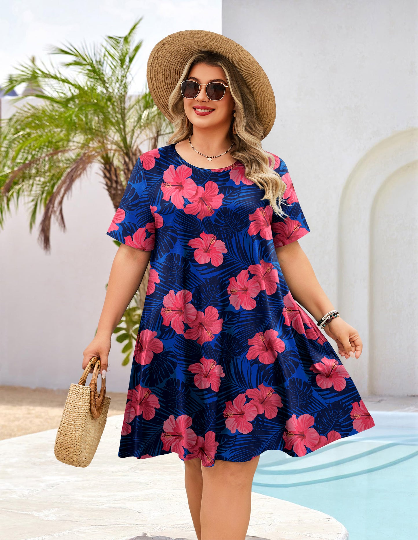 Women's Casual T-Shirt Dress Plus Size Summer Short Sleeve Crewneck Swing Dresses Beach Vacation Royal Blue Floral Dress