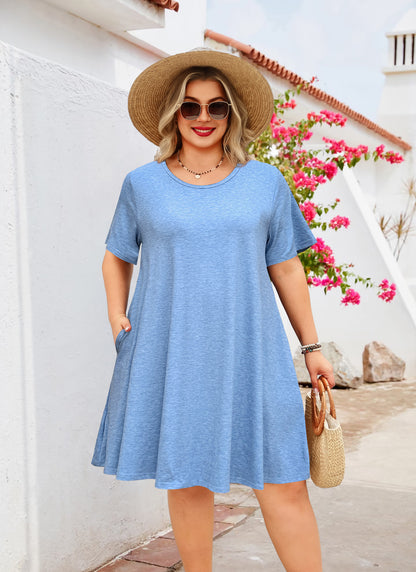 Women's Casual T-Shirt Dress Plus Size Summer Short Sleeve Crewneck Swing Dresses Beach Vacation Blue Dresses