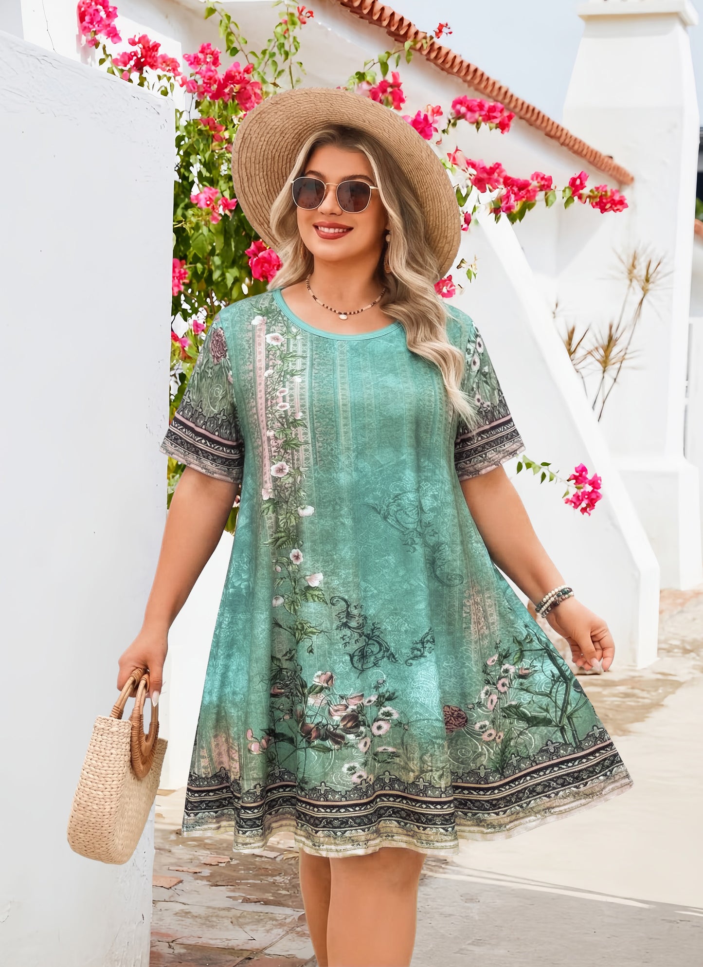 Women's Casual T-Shirt Dress Plus Size Summer Short Sleeve Crewneck Swing Dresses Beach Vacation Sage Green Dress Floral