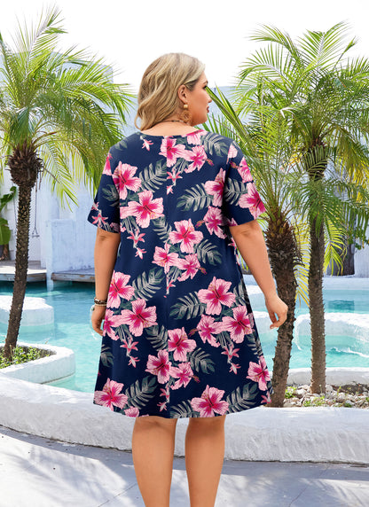 Women's Casual T-Shirt Dress Plus Size Summer Short Sleeve Crewneck Swing Dresses Beach Vacation Navy Blue Pink Floral Dress