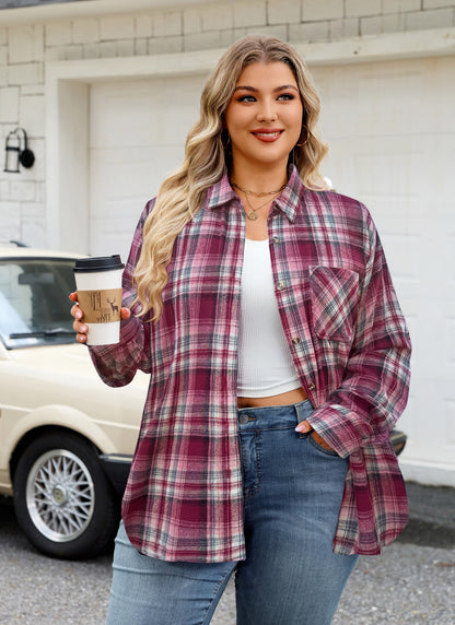 Womens Plus Size Flannel Shirts Long Sleeve Button Down Plaid Shirt Roll Up Oversize Checkered Blouse Top Fall E-02 Red Plaid Shirt