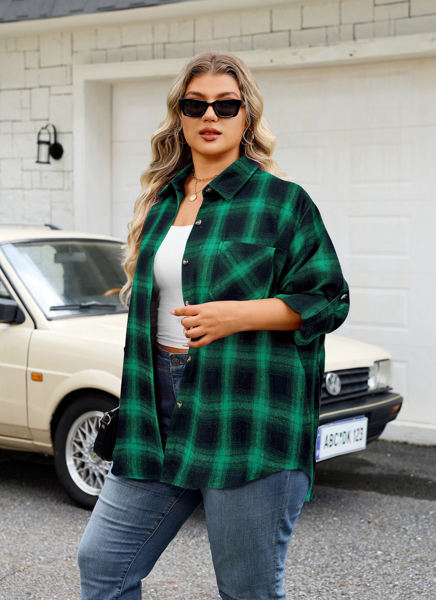Womens Plus Size Flannel Shirts Long Sleeve Button Down Plaid Shirt Roll Up Oversize Checkered Blouse Top Fall F-01 Green Flannel Plaid Shirt