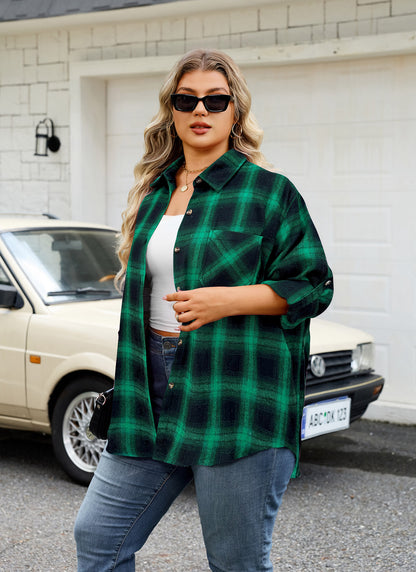 Womens Plus Size Flannel Shirts Long Sleeve Button Down Plaid Shirt Roll Up Oversize Checkered Blouse Top Fall F-01 Green Flannel Plaid Shirt
