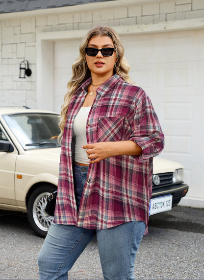 Womens Plus Size Flannel Shirts Long Sleeve Button Down Plaid Shirt Roll Up Oversize Checkered Blouse Top Fall E-02 Red Plaid Shirt