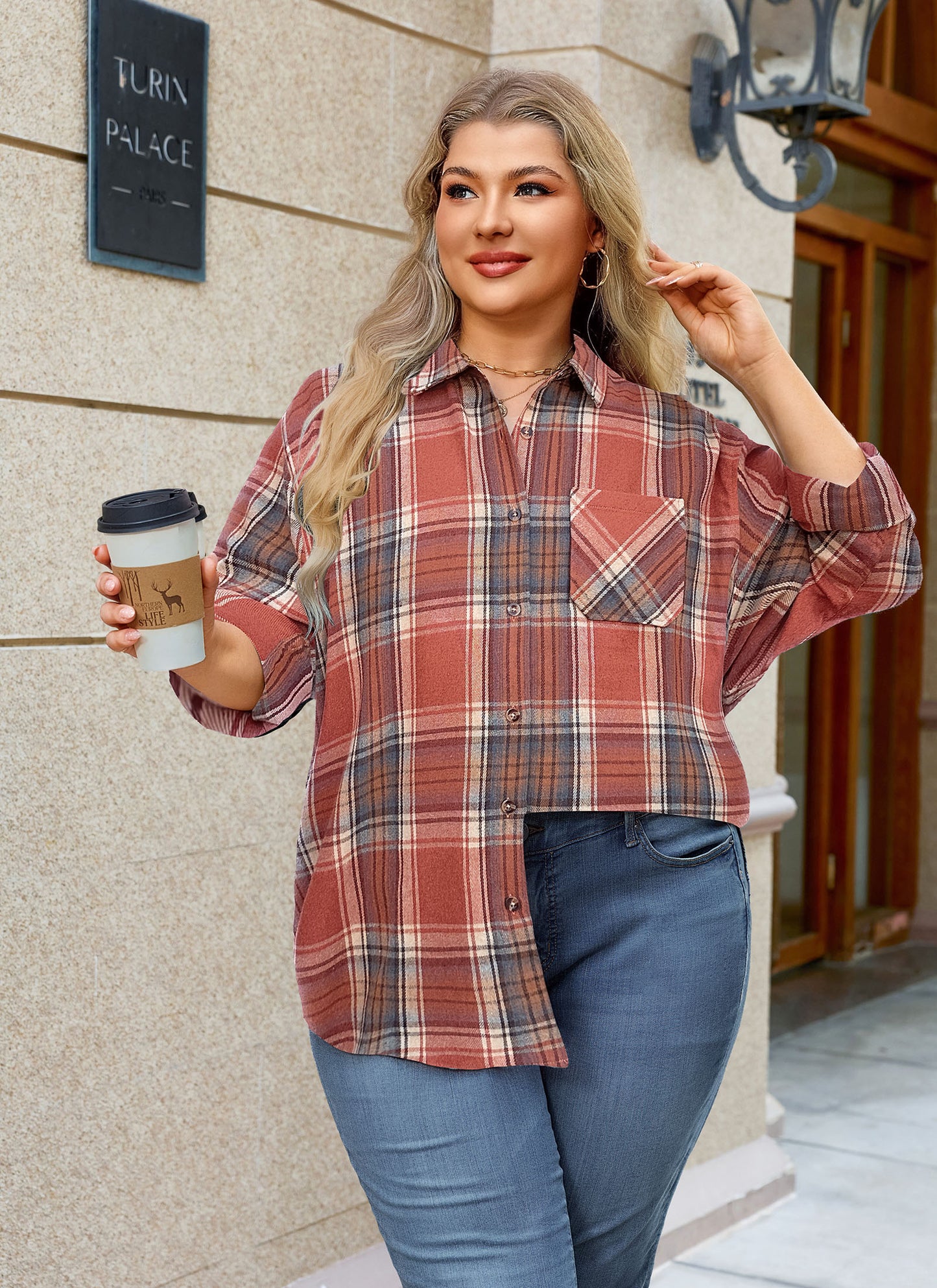 Womens Plus Size Flannel Shirts Long Sleeve Button Down Plaid Shirt Roll Up Oversize Checkered Blouse Top Fall G-04 Orange Plaid Flannel Shirt