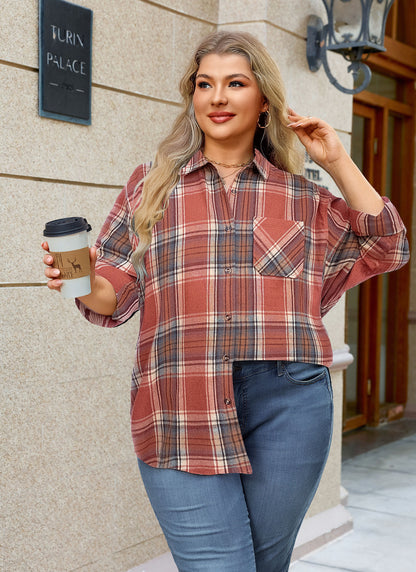 Womens Plus Size Flannel Shirts Long Sleeve Button Down Plaid Shirt Roll Up Oversize Checkered Blouse Top Fall G-04 Orange Plaid Flannel Shirt