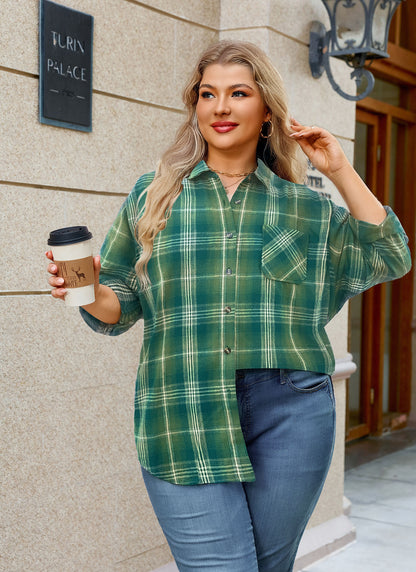 Womens Plus Size Flannel Shirts Long Sleeve Button Down Plaid Shirt Roll Up Oversize Checkered Blouse Top Fall F-02 Green Flannel Plaid Shirt