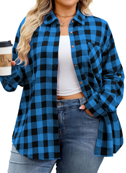 Womens Plus Size Flannel Shirts Long Sleeve Button Down Plaid Shirt Roll Up Oversize Checkered Blouse Top Fall D-01 Royal Blue Flannel Plaid Shirt