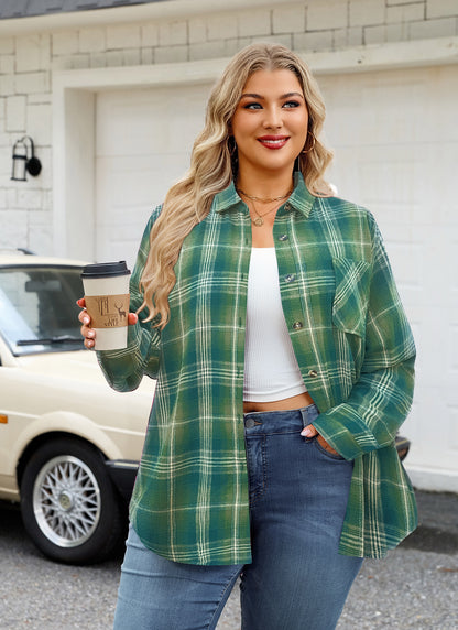 Womens Plus Size Flannel Shirts Long Sleeve Button Down Plaid Shirt Roll Up Oversize Checkered Blouse Top Fall F-02 Green Flannel Plaid Shirt