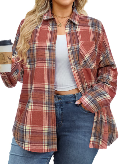 Womens Plus Size Flannel Shirts Long Sleeve Button Down Plaid Shirt Roll Up Oversize Checkered Blouse Top Fall G-04 Orange Plaid Flannel Shirt