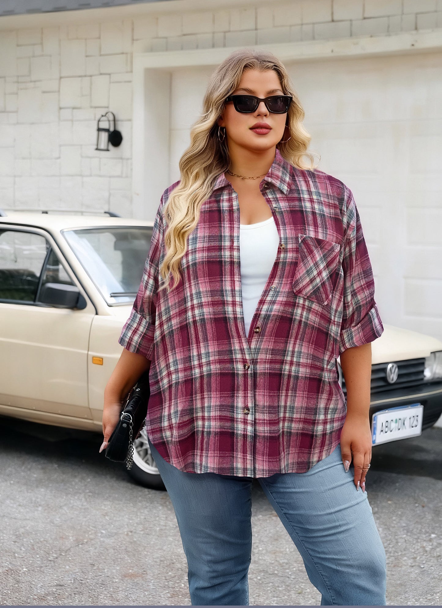 Womens Plus Size Flannel Shirts Long Sleeve Button Down Plaid Shirt Roll Up Oversize Checkered Blouse Top Fall E-02 Red Plaid Shirt