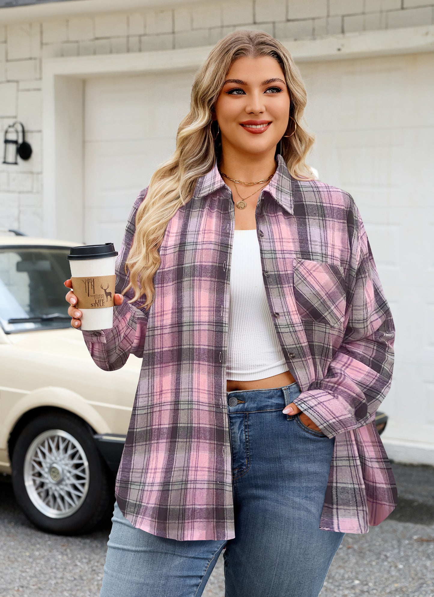 Womens Plus Size Flannel Shirts Long Sleeve Button Down Plaid Shirt Roll Up Oversize Checkered Blouse Top Fall A-04 Light Pink Flannel Plaid Shirt