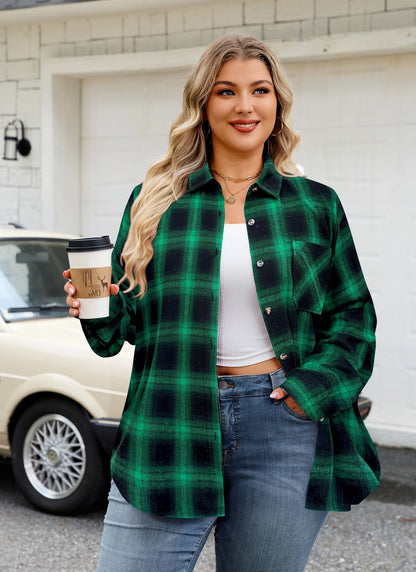 Womens Plus Size Flannel Shirts Long Sleeve Button Down Plaid Shirt Roll Up Oversize Checkered Blouse Top Fall F-01 Green Flannel Plaid Shirt