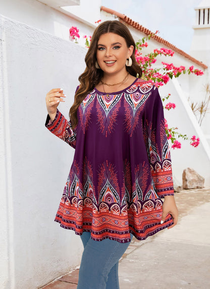 Womens Tunic 3/4 Sleeve Plus Size Tops Crew Neck Swing Flowy Loose Fit T-Shirt Blouses to Wear with Leggings Orange Floral Tops Purple