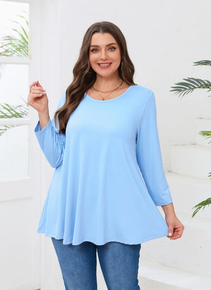 Womens Tops - Plus Size Tunics 3/4 Sleeve Loose Fit Dressy Casual Long Swing Flowy Lady Blouses Shirts Wear with Leggings Teals Blue Clothing A37 SATLB