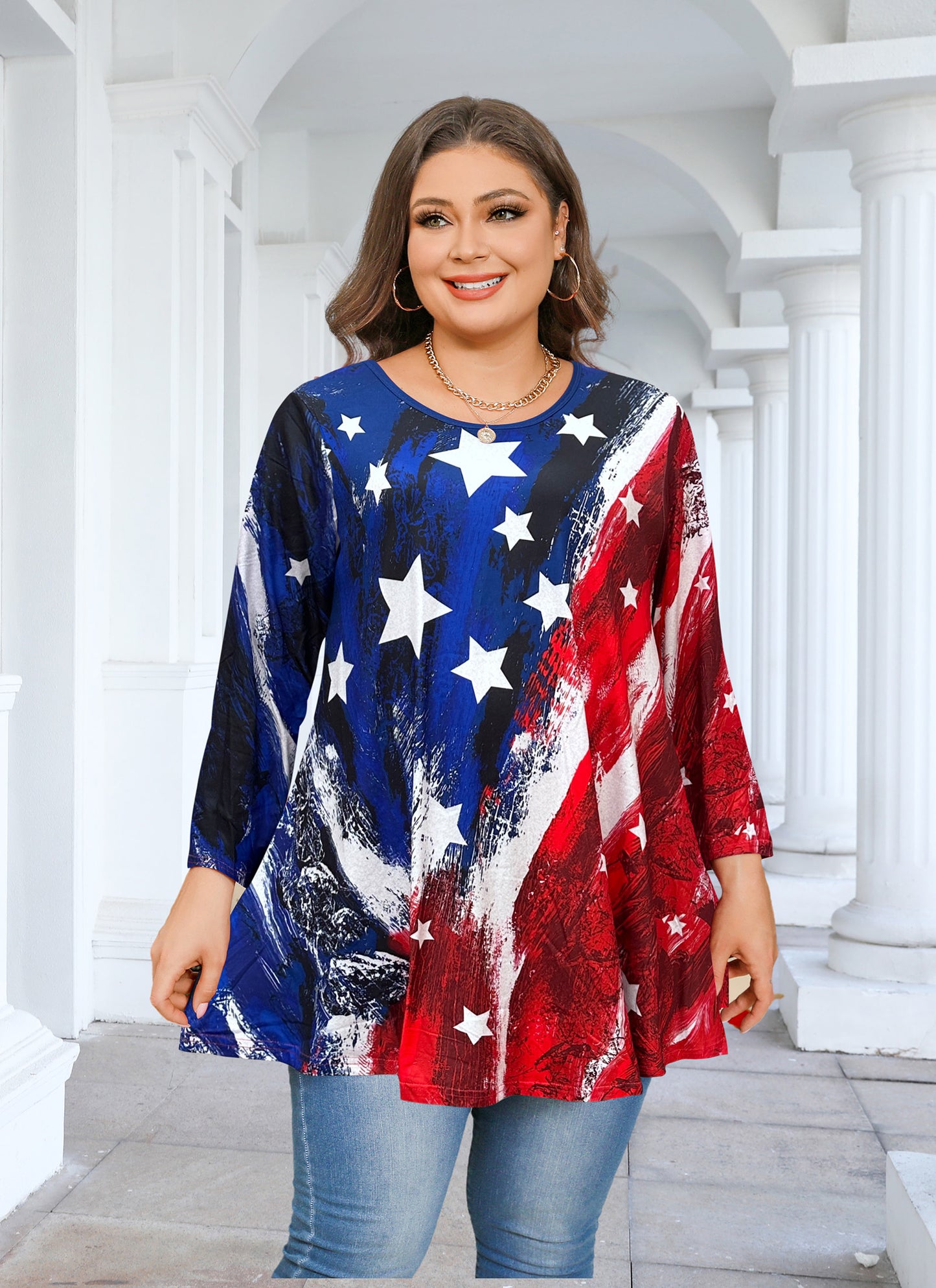 Womens Tunic 3/4 Sleeve Plus Size Tops Crew Neck Swing Flowy Loose Fit T-Shirt Blouses to Wear with Leggings American Flag Tunic