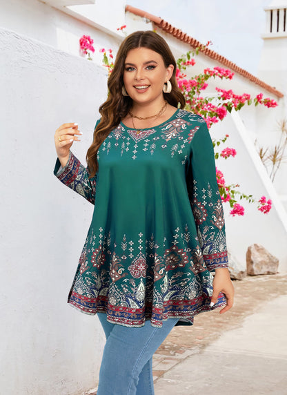 Womens Tunic 3/4 Sleeve Plus Size Tops Crew Neck Swing Flowy Loose Fit T-Shirt Blouses to Wear with Leggings Teals Blue Floral Tunics