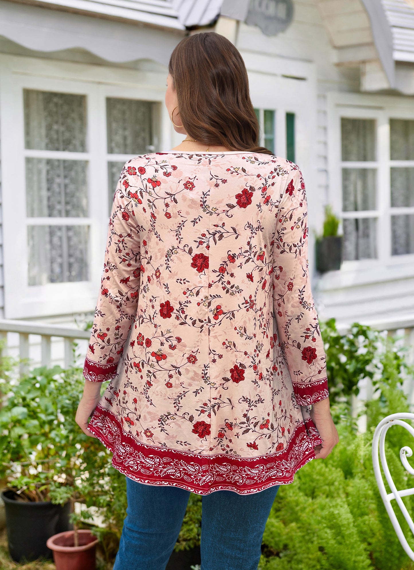 Womens Tunic 3/4 Sleeve Plus Size Tops Crew Neck Swing Flowy Loose Fit T-Shirt Blouses to Wear with Leggings Red Floral Pink Tunic