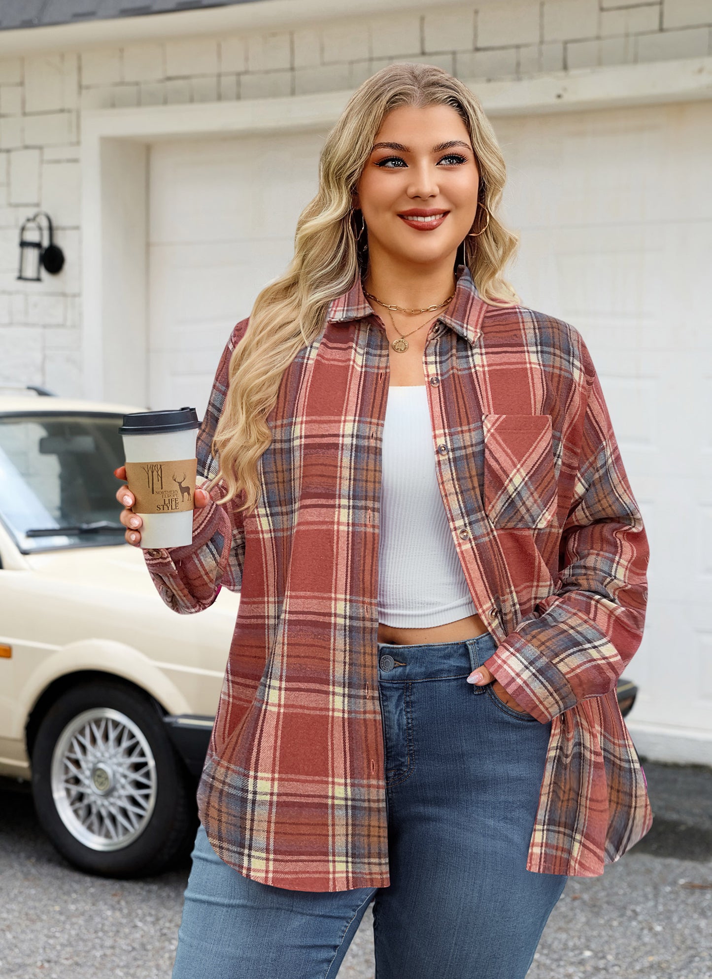 Womens Plus Size Flannel Shirts Long Sleeve Button Down Plaid Shirt Roll Up Oversize Checkered Blouse Top Fall G-04 Orange Plaid Flannel Shirt