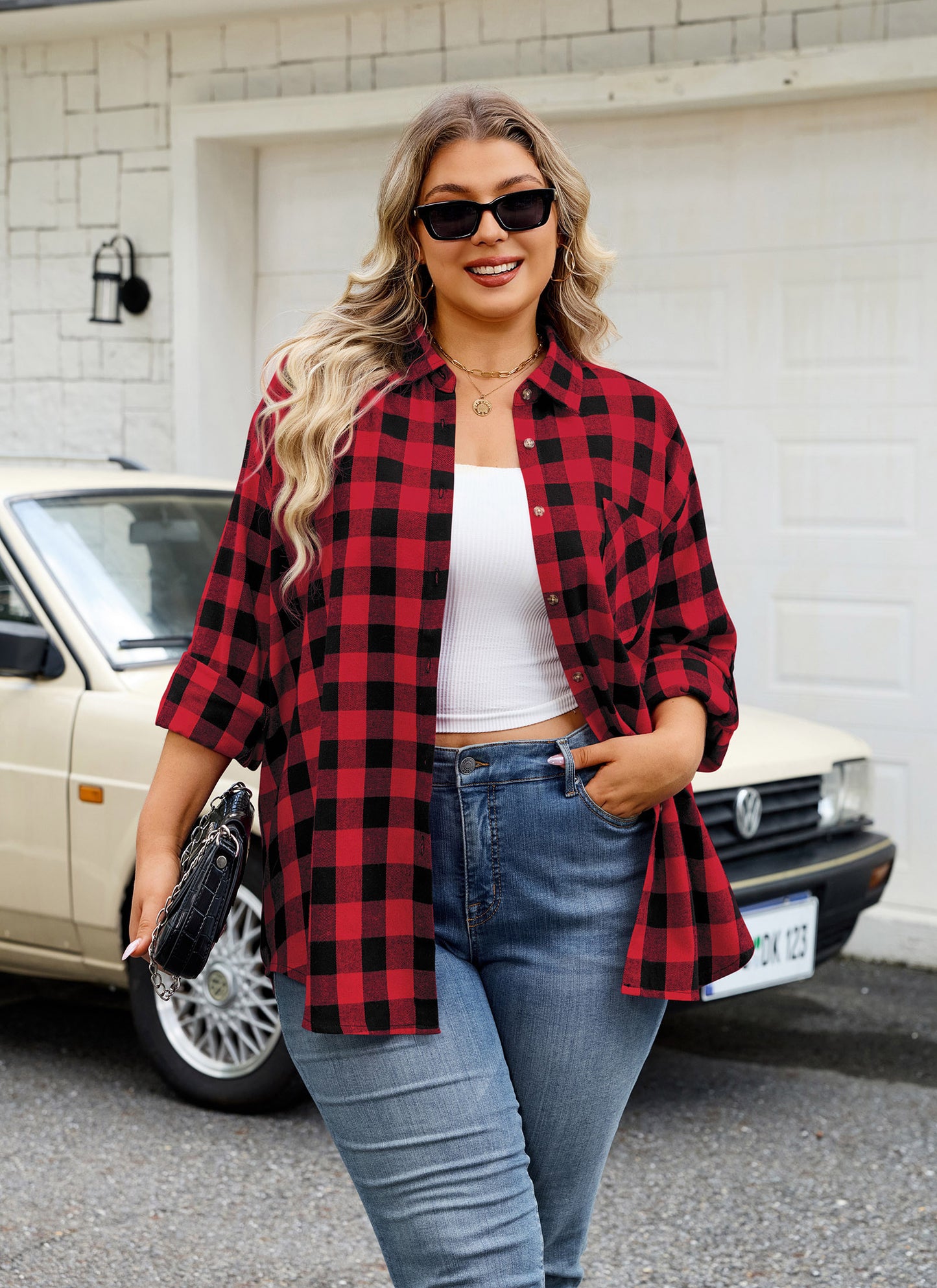 Womens Plus Size Flannel Shirts Long Sleeve Button Down Plaid Shirt Roll Up Oversize Checkered Blouse Top Fall E-01 Red Plaid Shirt