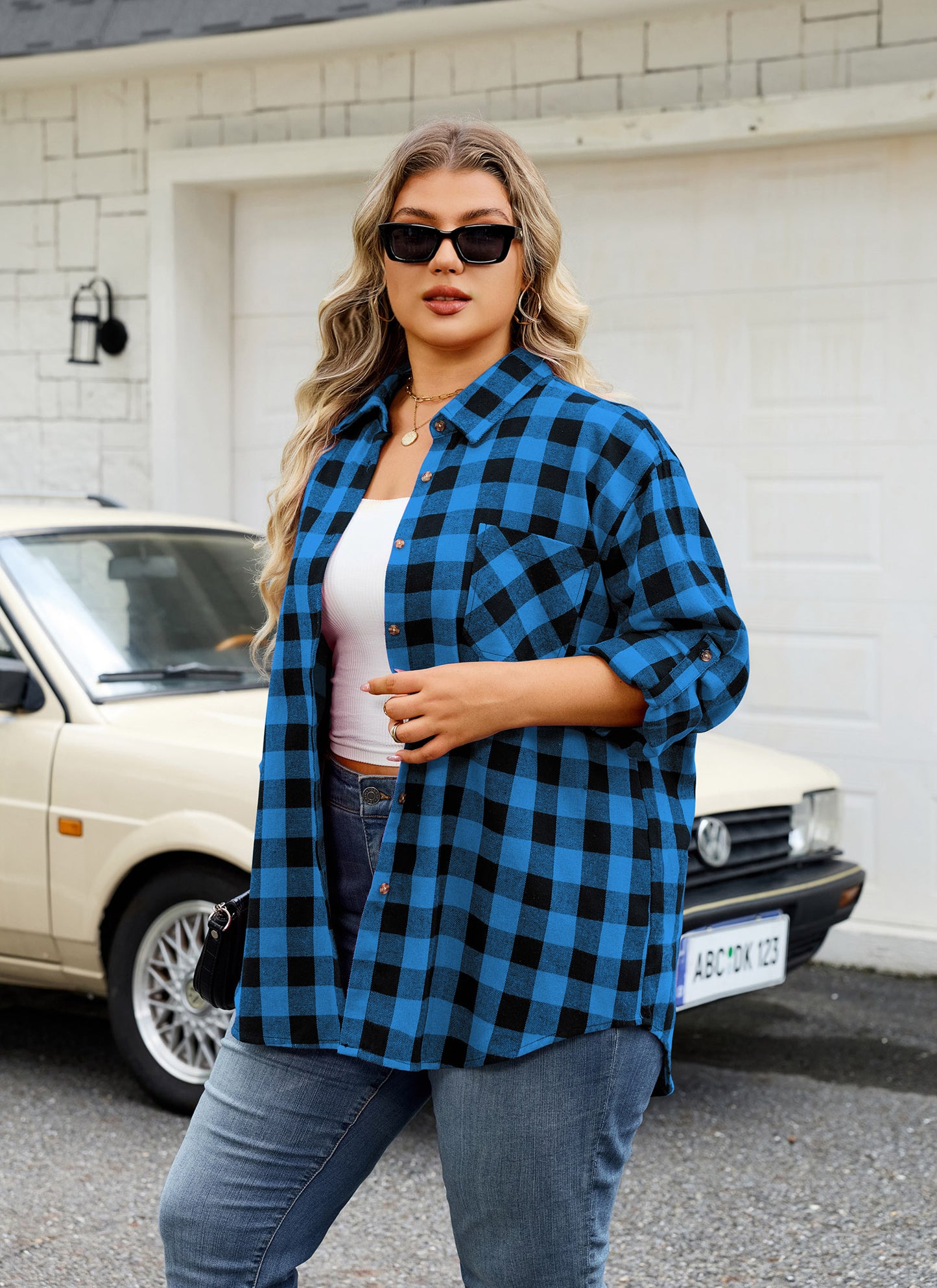 Womens Plus Size Flannel Shirts Long Sleeve Button Down Plaid Shirt Roll Up Oversize Checkered Blouse Top Fall II