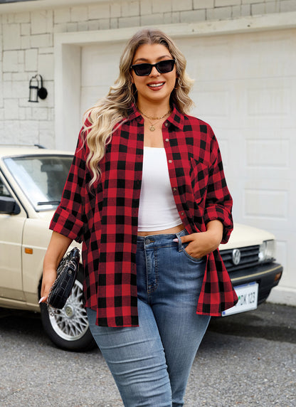 Womens Plus Size Flannel Shirts Long Sleeve Button Down Plaid Shirt Roll Up Oversize Checkered Blouse Top Fall I