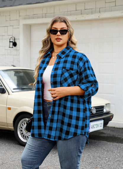 Womens Plus Size Flannel Shirts Long Sleeve Button Down Plaid Shirt Roll Up Oversize Checkered Blouse Top Fall D-01 Royal Blue Flannel Plaid Shirt